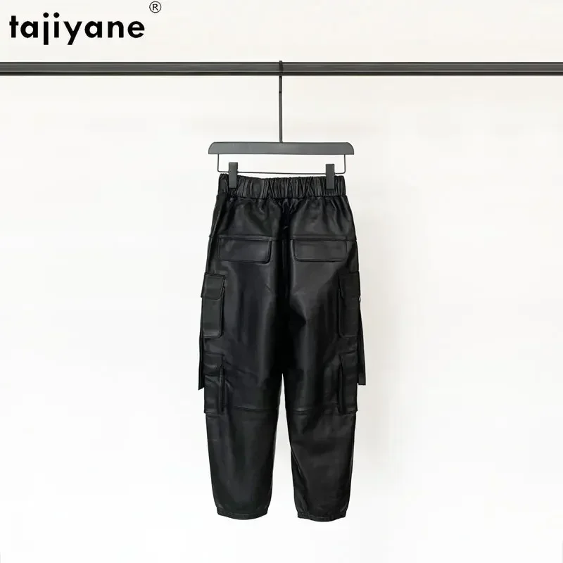 Tajiyane Genuine Sheepskin Leather Pants Women Nine-point Harem Pants Korean Style Elastic Waist Cargo Pants Multiple Pockets