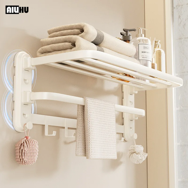 AILIHU Suction Cup Towel Rack, No Drilling Bathroom Wall Mount Organizer, Foldable Rustproof Storage Shelf Bathroom Storage