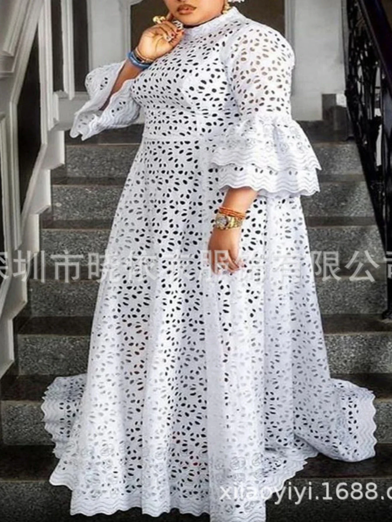 Vestido blanco de mujer con manga acampanada y cuello redondo, Vestidos largos de fiesta de encaje de cintura alta, Vestidos de noche de boda sueltos y elegantes para primavera 2025