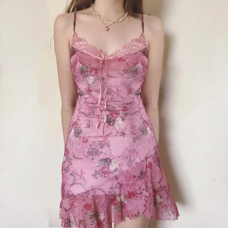 

Europe and the United States summer pure wind lace splicing V-neck irregular slip skirt gauze flower printing perspective dress