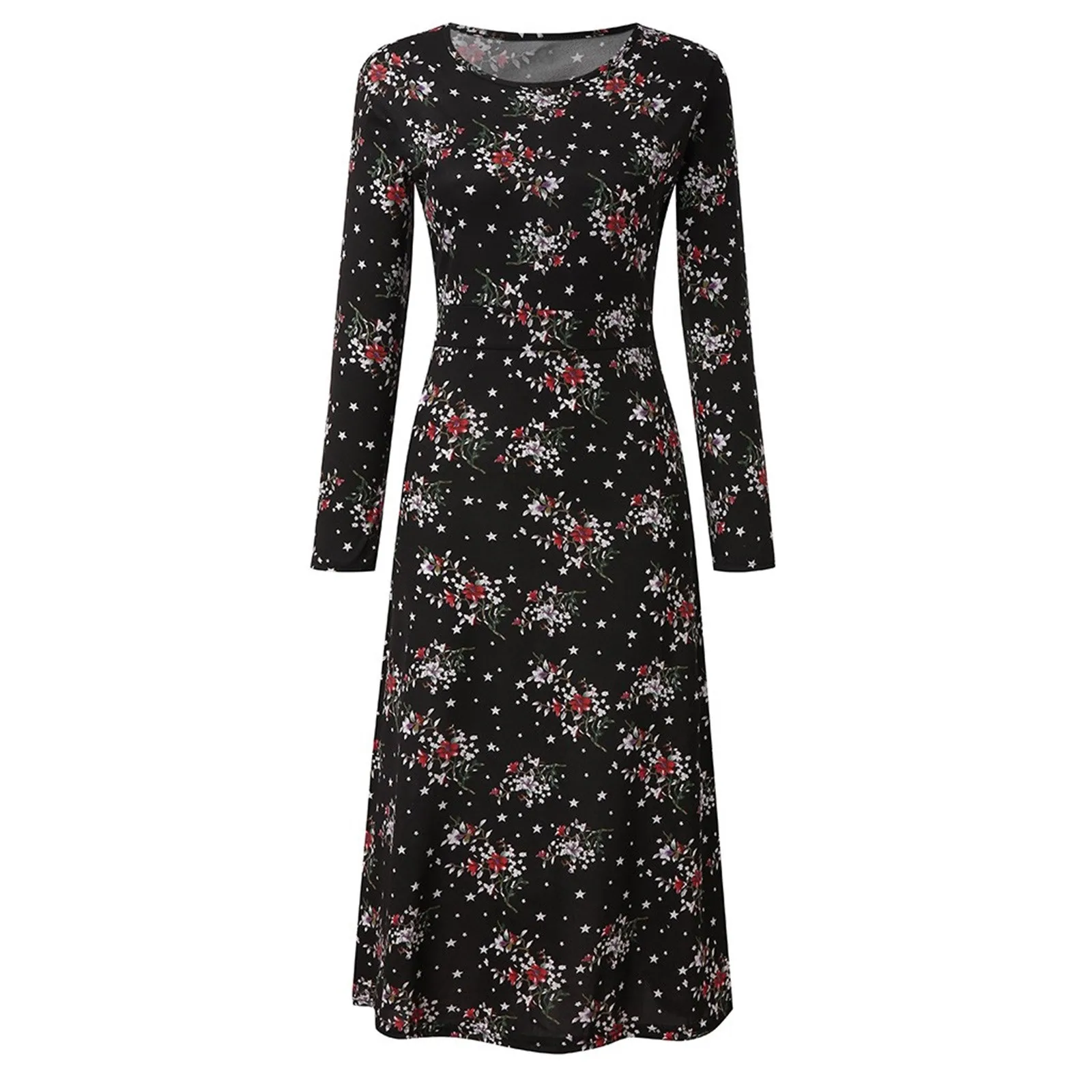 Vestido Midi holgado de manga larga con estampado Floral para mujer, ropa Bohemia elegante con cuello redondo para verano, 2024