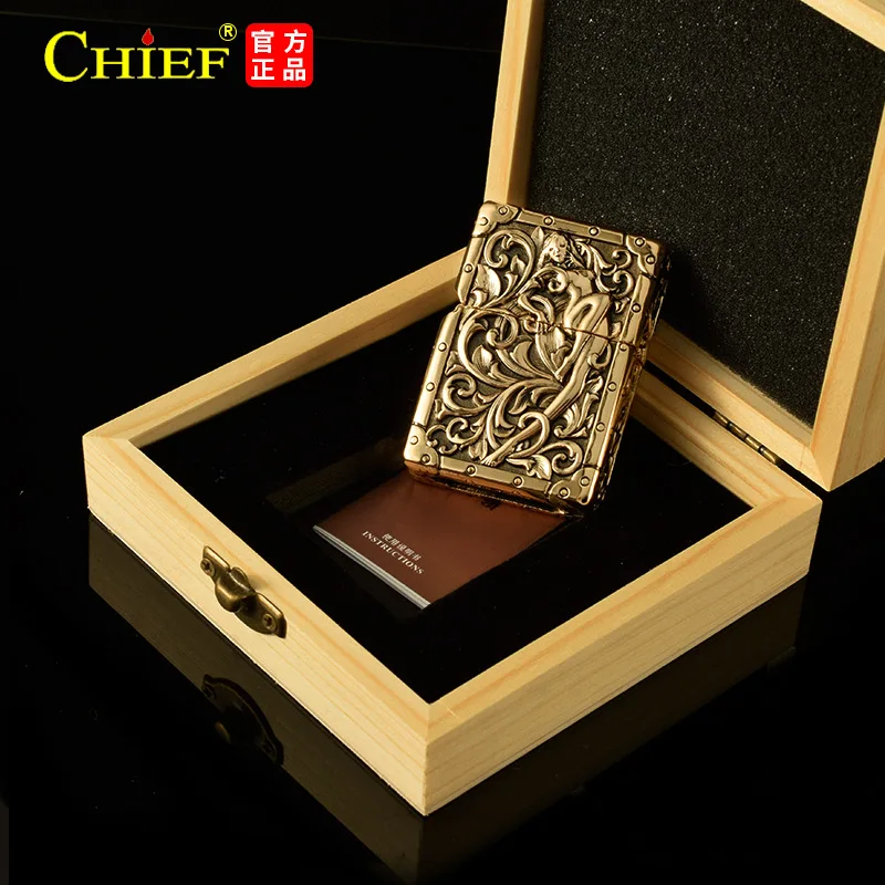 CHIEF Metal Heavy Armor Flower Fairy Kerosene Lighter Five Sided Relief Grinding Wheel Ignition Windproof Retro Lighters Gadgets