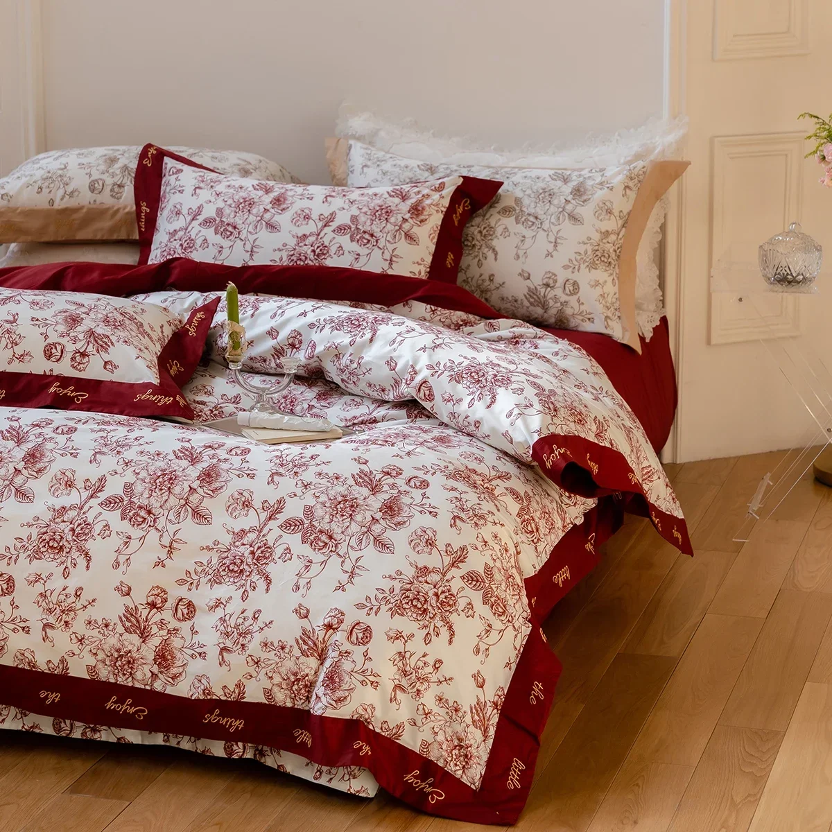 2023 New Long Staple Cotton Embroidered Plain Color Four-piece Bedding Household Must Four Seasons Universal Bedding Red Color