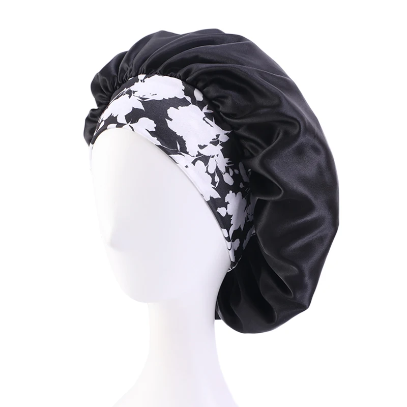 New Big Size Floral Print Bonnet Satin Wide Elastic Band Beanie Night Sleep Caps Head Cover African Headwrap Turban Chemo Caps