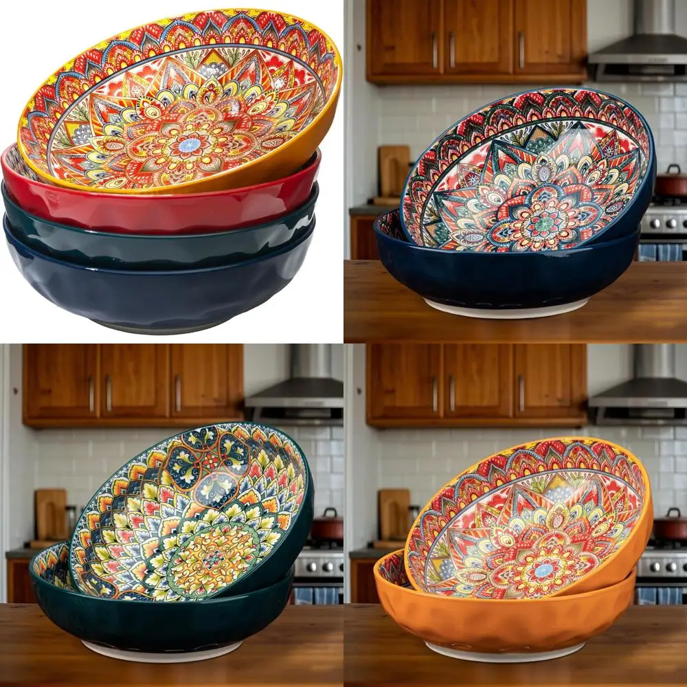 

Extra Large 80 Oz Serving Bowls Set of 4, Bohemian Style Decorative Salad, Fruit, Pasta, and Dinner Bowls