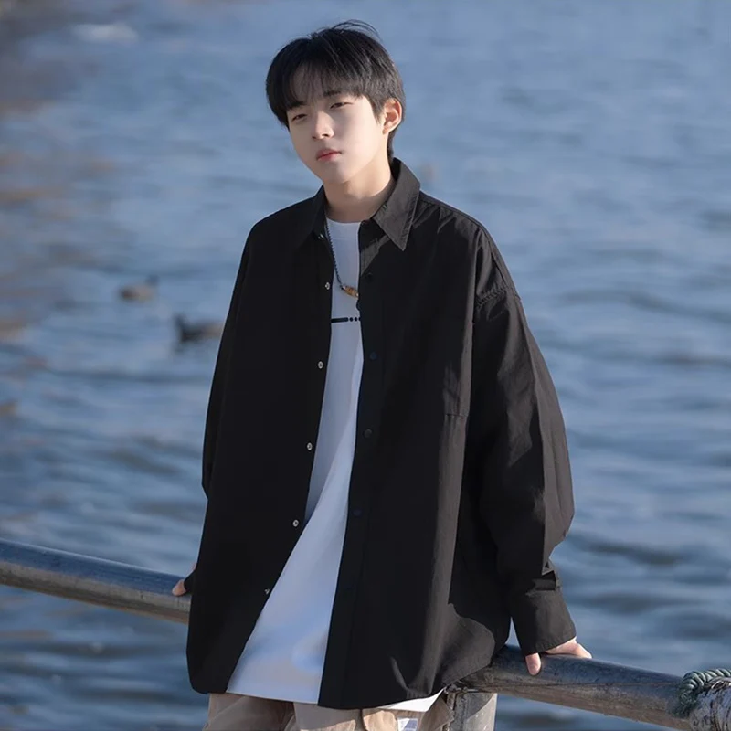 

y Bla Long Sve irt Men's High-End Baroque Sle Boyfriend Wind Cotton Pure Color arp Collar Trendy Autumn irt