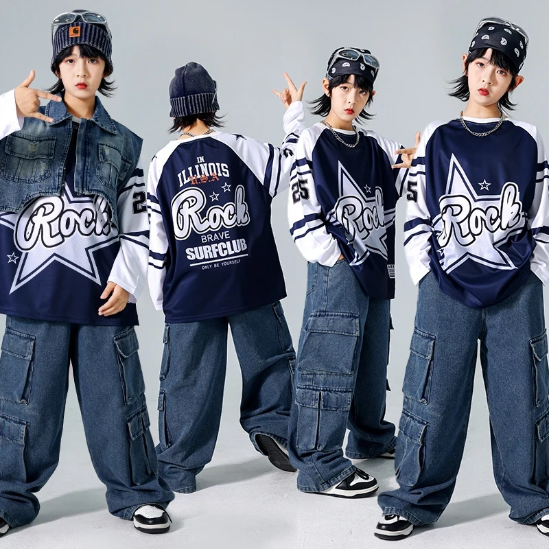 Street Dance Costume Boys Denim Hip Hop Pants Children Jazz Dance Wear Oversize Tops Cool Stage Suit Dancer Team Clothes AMY1325