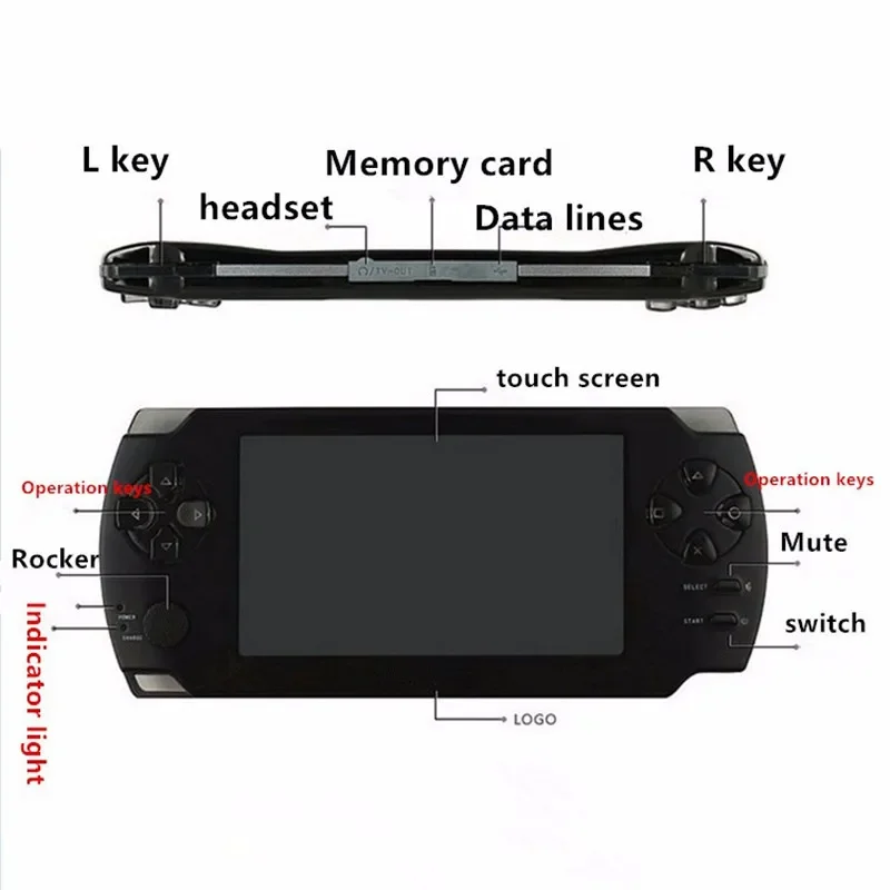 หน้าจอสี 4.3 นิ้วคอนโซลเกมมือถือเกมคอนโซลรองรับเอาต์พุต HD1080P หน่วยความจํา 8G MP5 พร้อมกล้องเครื่องเล่นบางเฉียบ