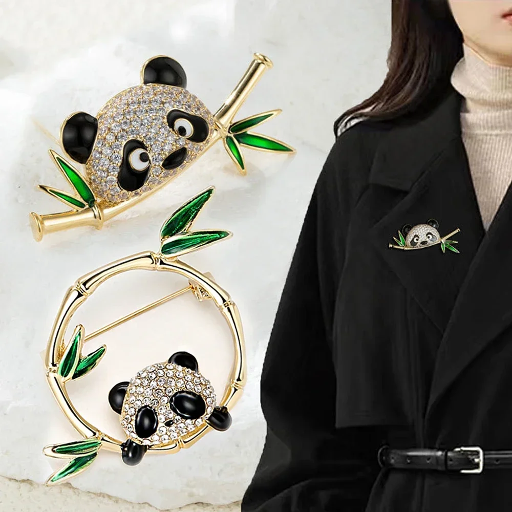 Cute Bamboo Panda Shaped Brooch Shiny Rhinestone Inlaid Metal Animal Lapel Pin For Women Dress Coat Sweater Corsage Accessories