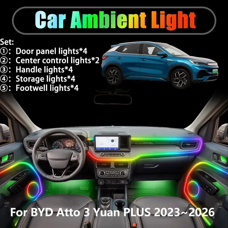 

Для BYD Atto 3 SC2E Yuan PLUS 2023 ~ 2026 2/18 в 1 Автомобильное окружающее освещение Светодиодные внутренние светодиодные фонари багажника USB RGB Ensemble Streamer