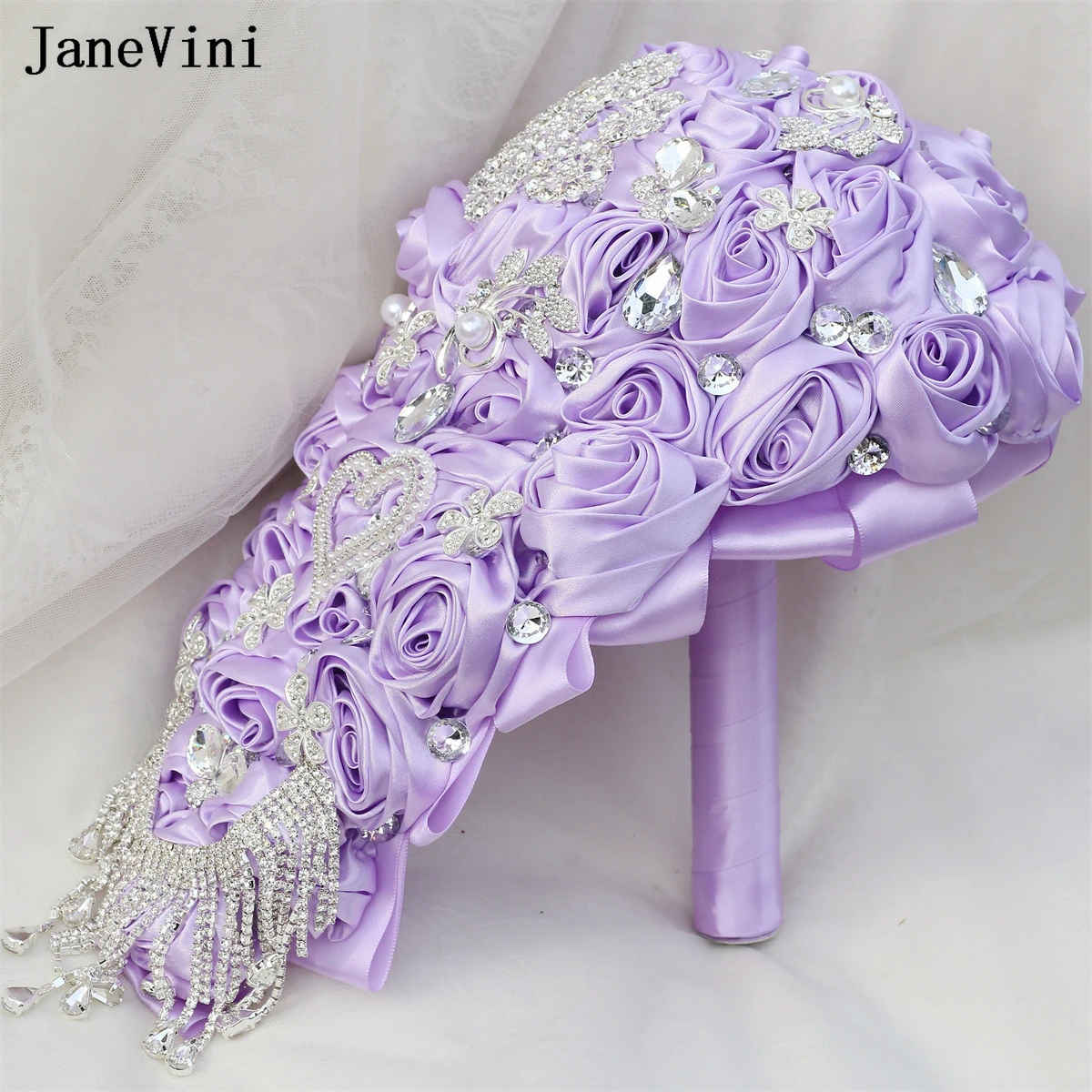 JaneVini New Waterfall Light Purple Bridal Bouquets Bling Silver Rhinestones Artificial Satin Roses Wedding Fake Bouquet Flower