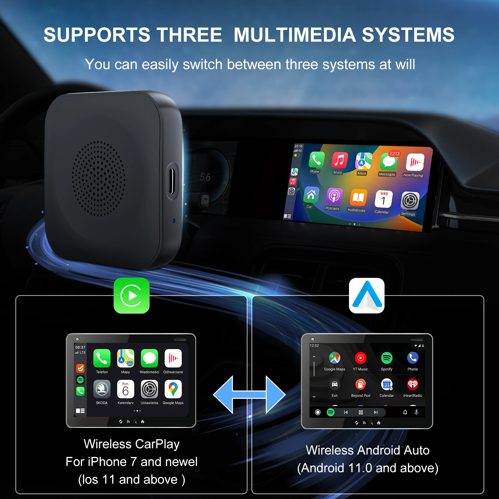 صندوق Carplay Android Auto AI اللاسلكي، التوصيل والتشغيل يناسب السيارات من 2016، Android 12 RK3328 4+64GB، يدعم أي تطبيقات - K713