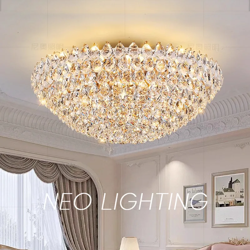 Custom European Modern Crystal Ceiling Lamp Luxurious LED Iron Flush Mount Crystal Ceiling Light for Villa Hotel Hall