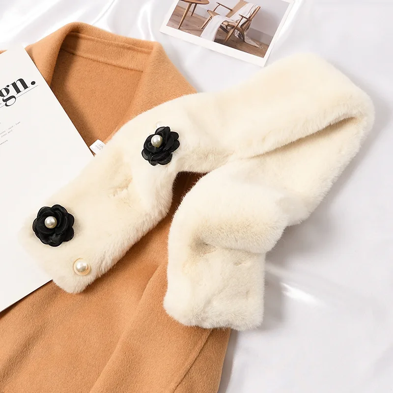 Korean Pearl Flower Faux Rabbit Fur Cross Thick Warm Plush Scarf Women Winter Outdoor Windproof Neck Protection Fake Collar Bib