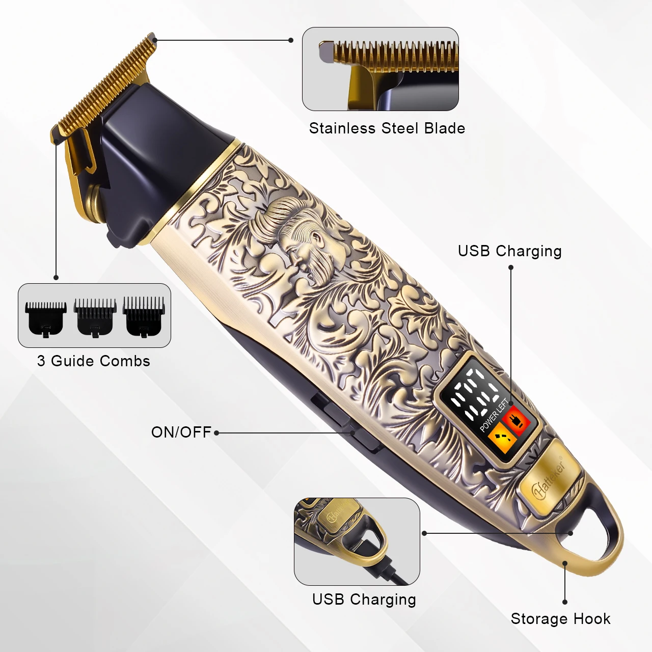 Hatteker USB Rechargeable Electric Hair Trimmer White Engraving Barber Shop Haircut Machine for Bald Head Shaving