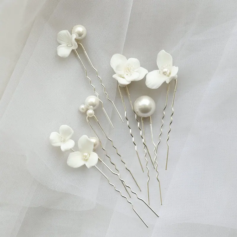 6Pcs/Set Ceramic Flower Bridal Hairpin Tiara Accessories New Arrival Simple Pearl Wedding Headpiece Jewelry For Women