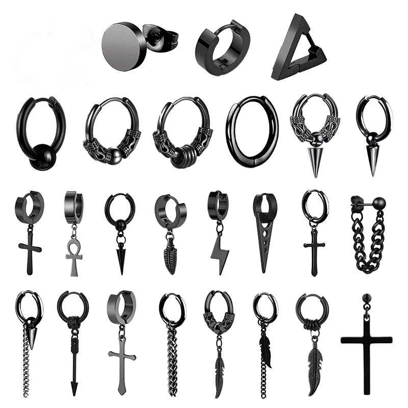 1 Para Punk Kolczyki sztyfty ze stali nierdzewnej Czarne kolczyki Zestaw dla mężczyzn Kobiety Vintage Hip Hop Piercing Biżuteria do uszu Akcesoria