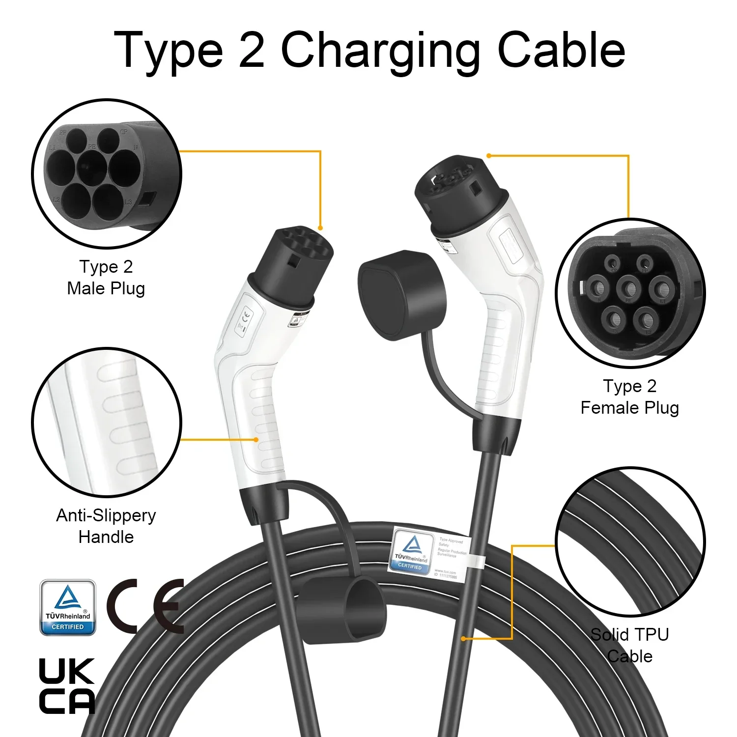 16FT Black Flexible EV Extension Cord  Type2 to Type2 EV Charging Cable