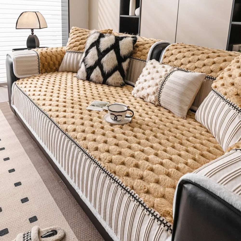 

2025 зимняя лоскутная флисовая плюшевая подушка для дивана, чехол для дивана, прямой диван, роскошное нескользящее сиденье, мягкая утолщенная защита для дивана