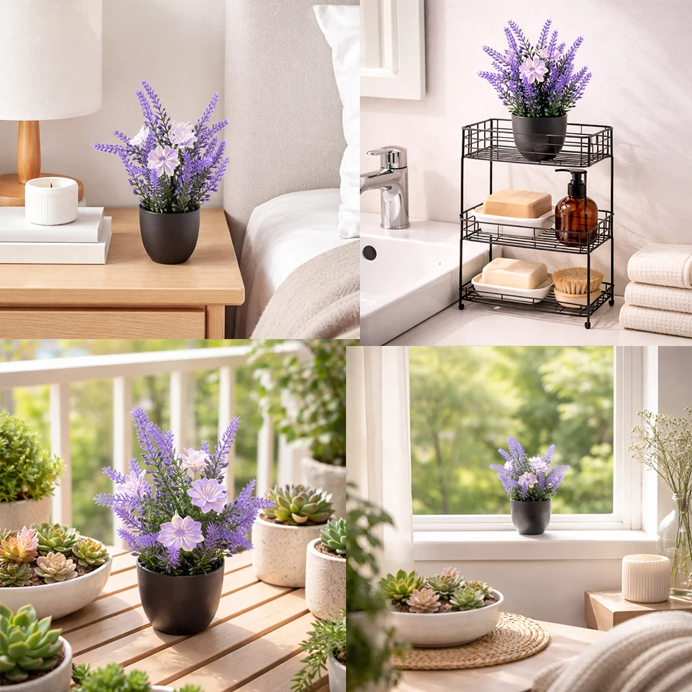 2 Stück Künstliche Lavendelpflanzen im Topf, Mini Plastik-Gänseblümchen, Künstliche Blumen-Bonsai für Innenräume, Schreibtisch, Schlafzimmer, Regal, Büro, Heimdekoration – Detail 4