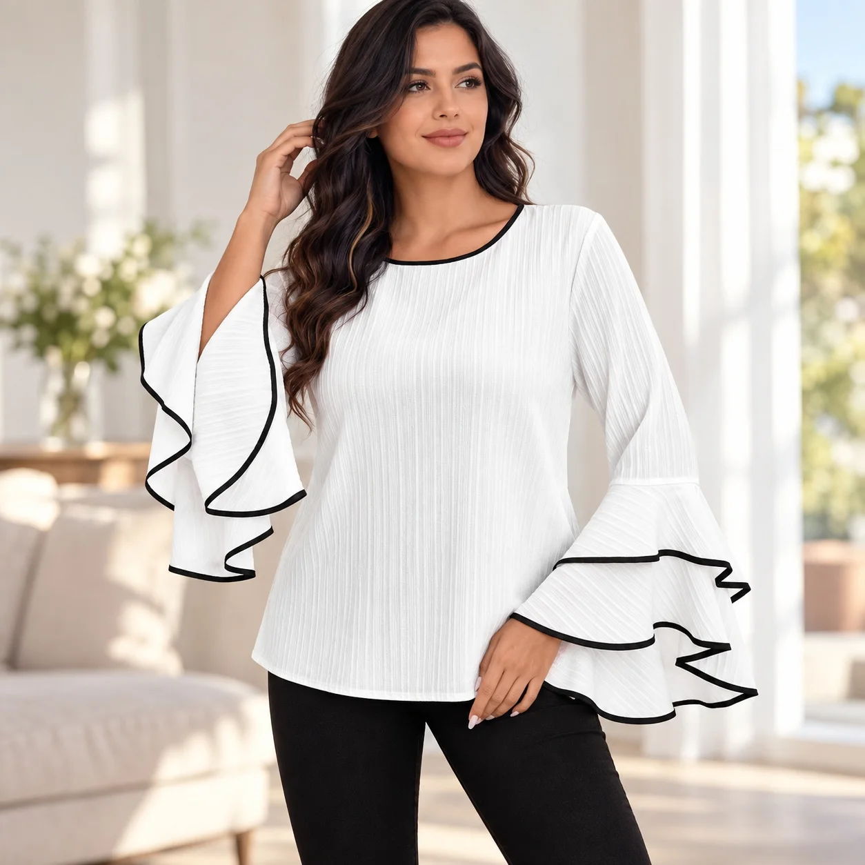 3D Pattern Loose Fit Top Mid Length Casual with Round Neck Spring Midi Length Elegant Extra Long Sleeve Women Long Sleeve Shirt