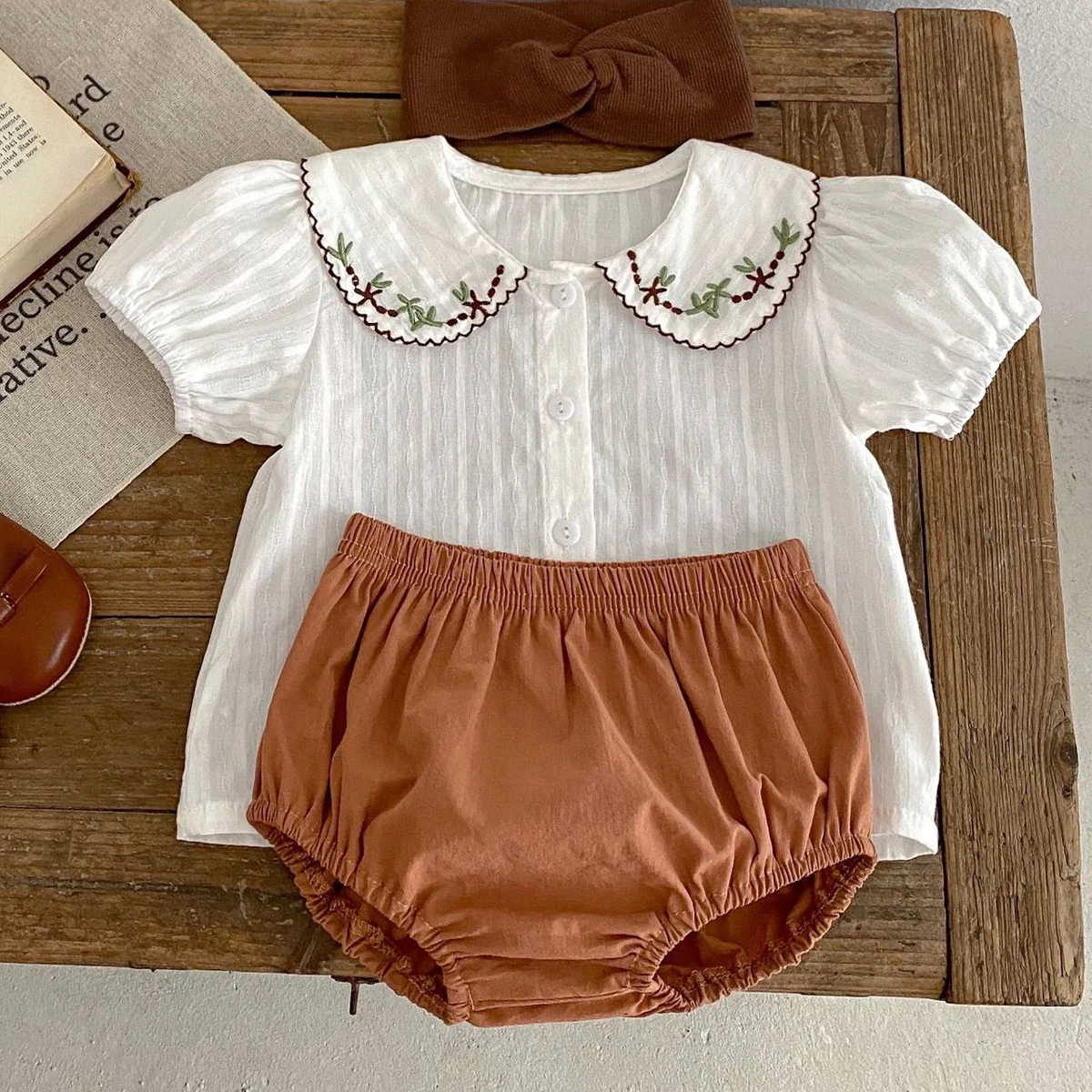 Summer New Fashion Versatile Short sleeved Set for Infants and Girls Embroidered Doll Neck Short sleeved Top+Triangle Wrap Botto