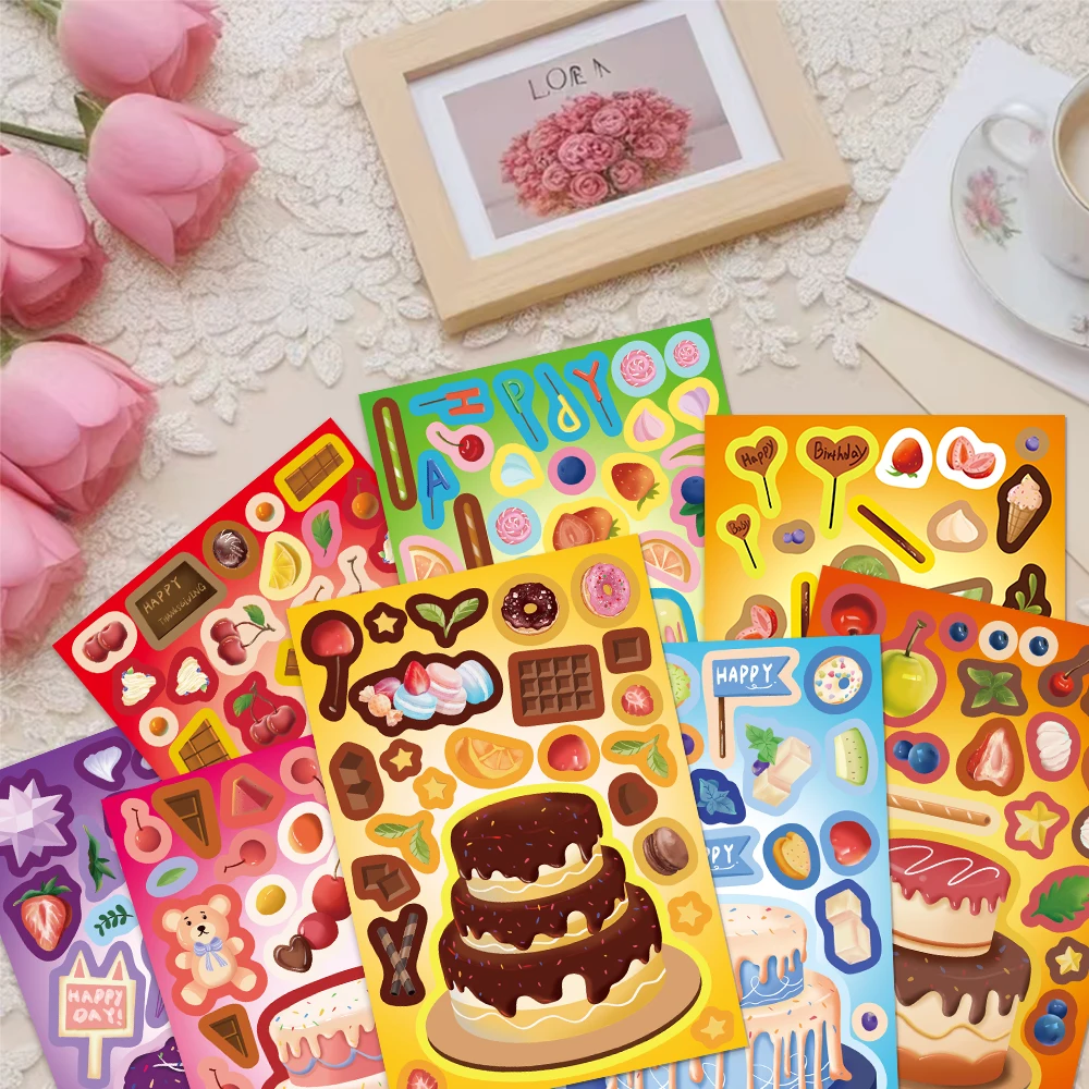 8 قطع من ملصقات الكيك الإبداعية تمنيات تتيح إلى ملصقات ألغاز تجميع ملصقات كرتونية ذاتية الصنع