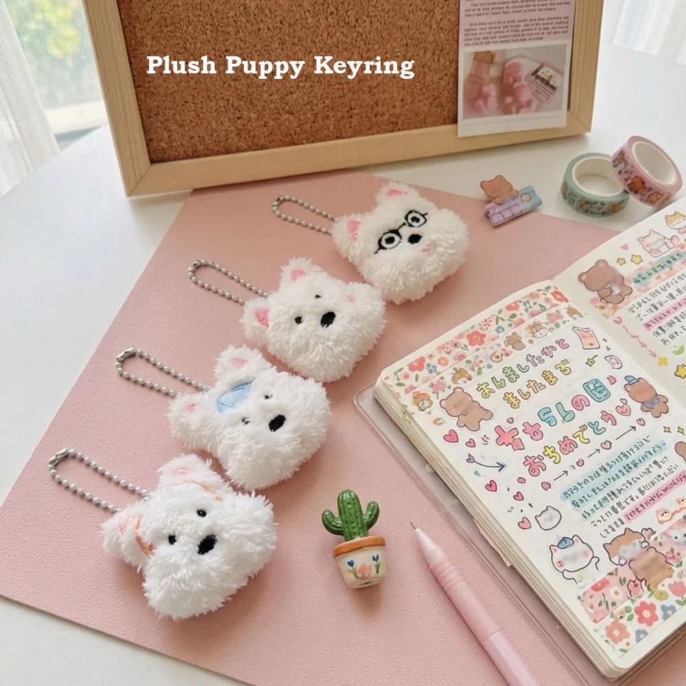 Plush Dog Keychain Toy White Fluffy Puppy Keyring Animal Kawaii Embroidered Clip Backpack Pendant Women Birthday Gift