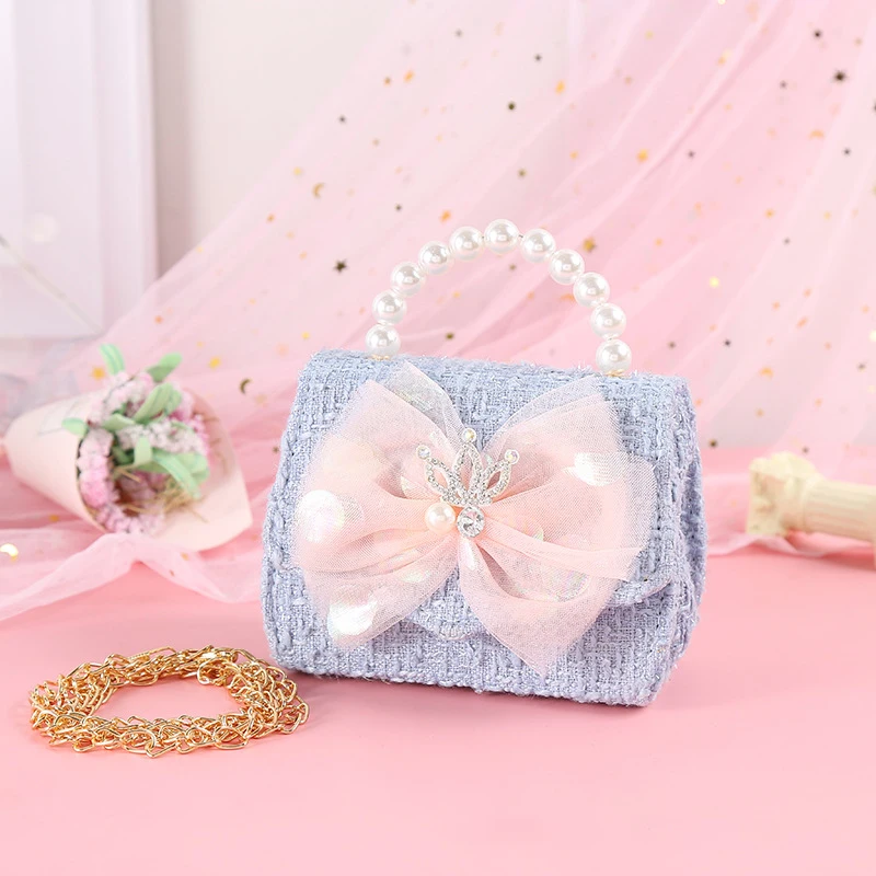 Children Wallet New Small Bag Cute Girl Classic Coin Purse Cute Bow Handbag Crown Beading Princess Bag Baby Shoulder Chain Bag