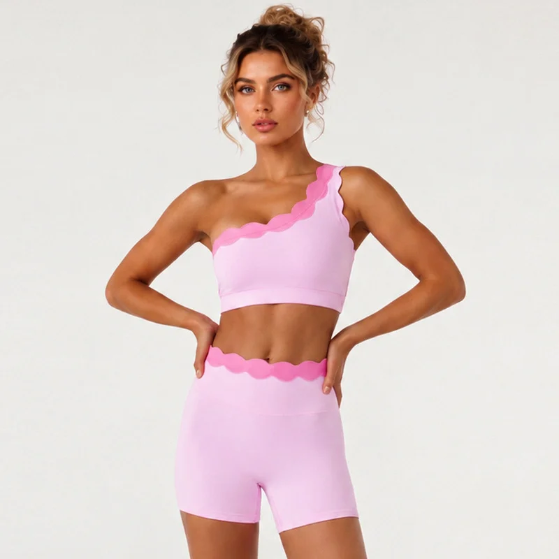 Sets Woman 2 Pieces Color-Block Single Shoulder Strap Sports Bra Outdoor Vacation Shell Lace Shorts Fitness Yoga Outfit Set