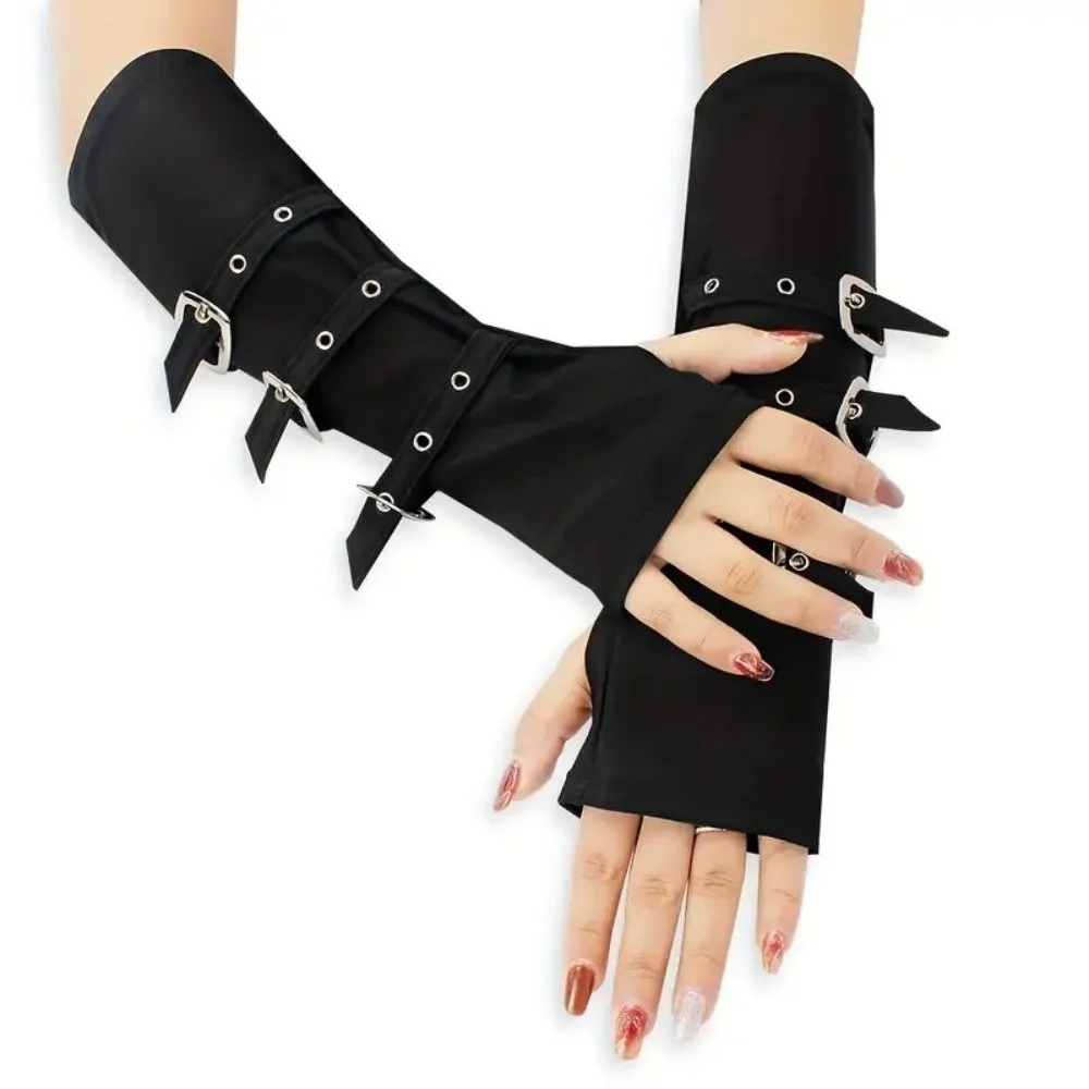 Creative 30cm Fingerless Gloves Punk Style with Buckle Straps Arm Sleeves Personality Gloves Women