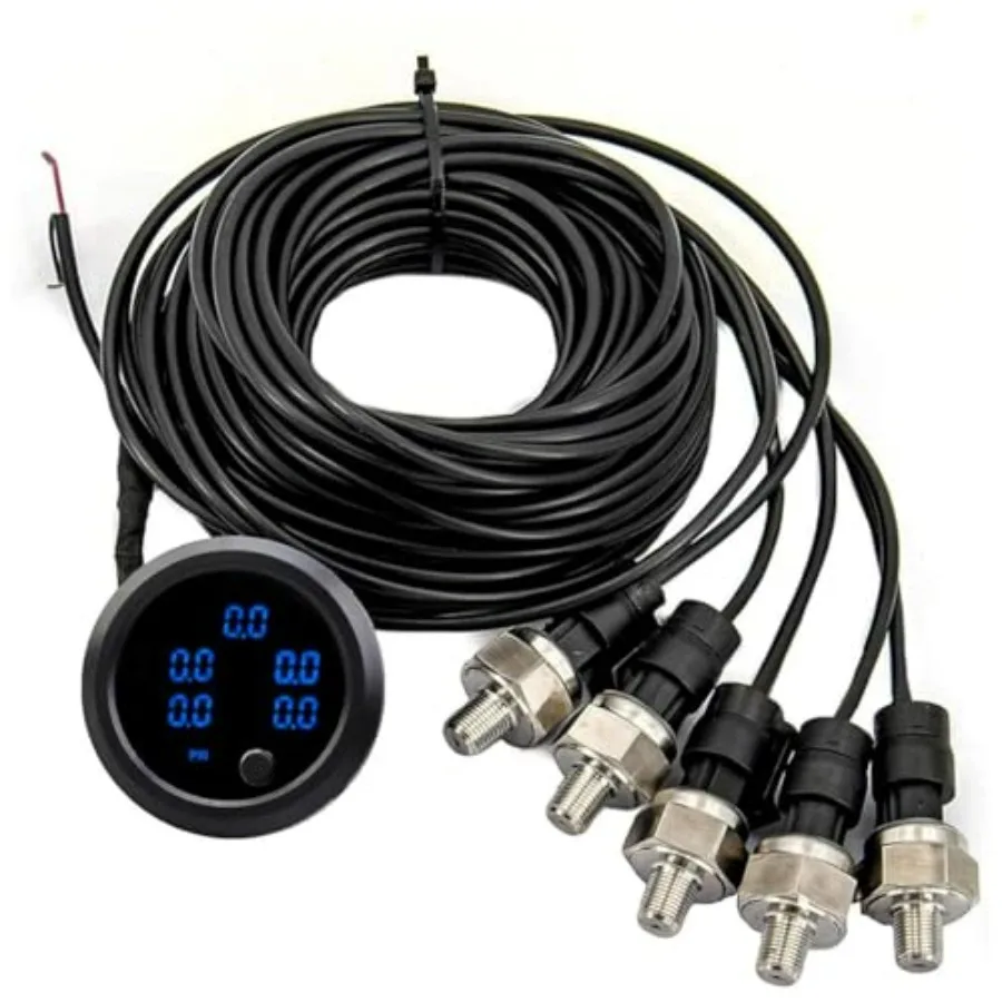 

Car Five Blue Display Air Suspension Pressur Gauge 2inch 52mm Air Ride Air Pressure Gauge 220PSI with 5PCS 1/8NPT Sensors
