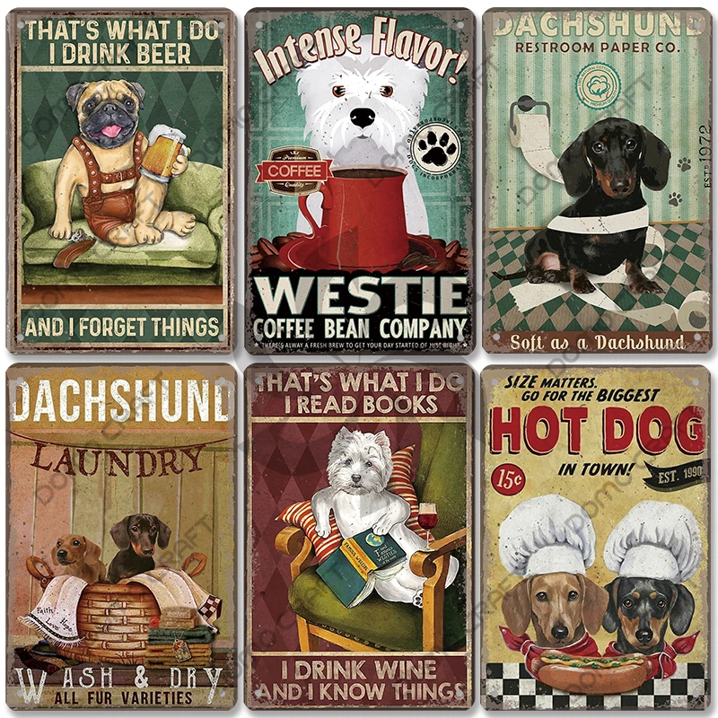 Pet Dog Dachshund Plaques Vintage Metal Plate Drink Coffee Wine Read Book Metal Tin Signs Wall Decor for Bar Pet Shop House