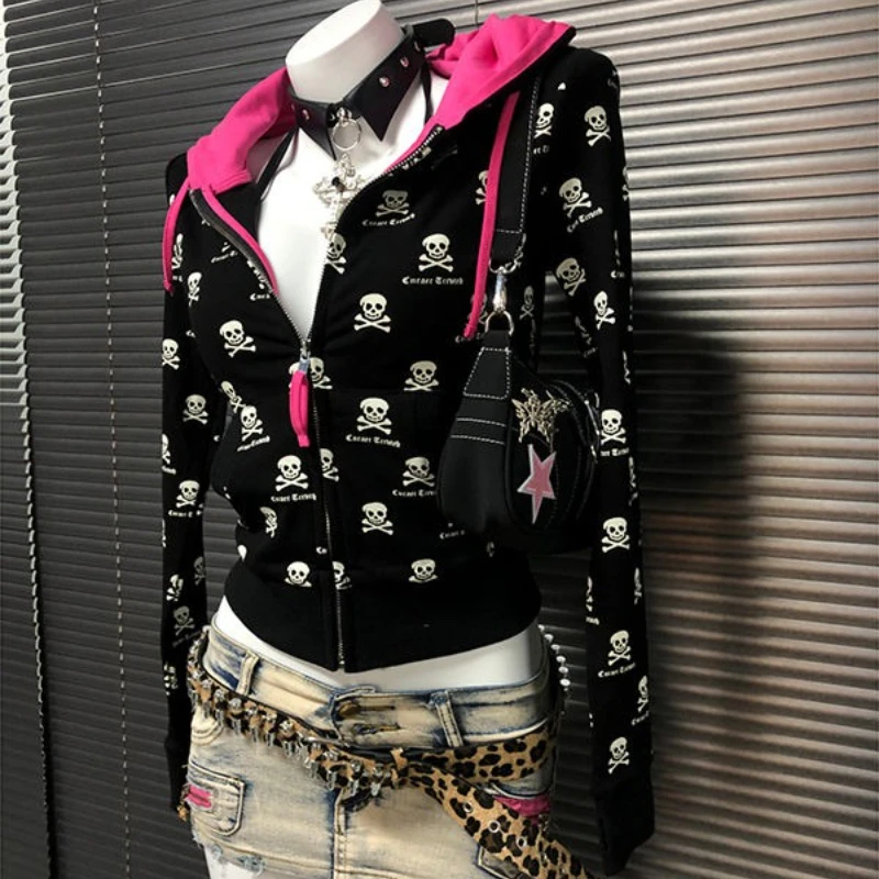 American Vintage Subculture Long Sleeve Hoodie Bodycon Women Casual Punk Skull Print Sweatshirt Zipper Y2k Harajuku 2025 Autumn