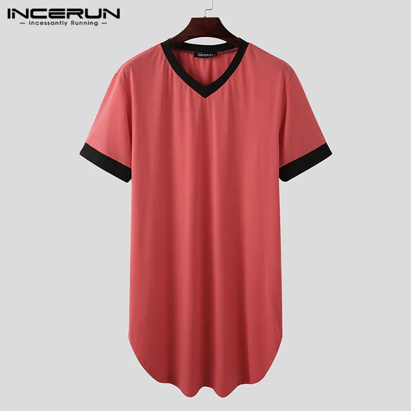 INCERUN-Camisón de manga corta para hombre, ropa de dormir de retazos a la moda, color sólido, albornoz suelto con cuello en V, ropa de casa S-5XL