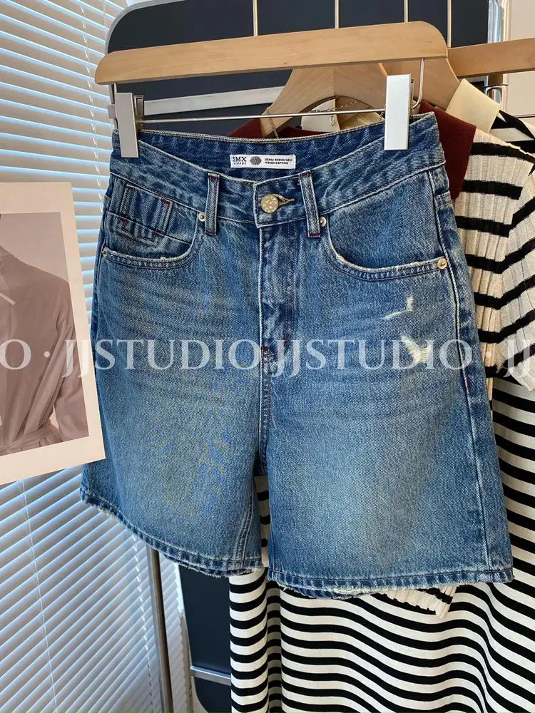 

Постиранные и потертые джинсовые брюки с высокой талией на пять четвертей для женщин, лето 202, новые повседневные прямые шорты