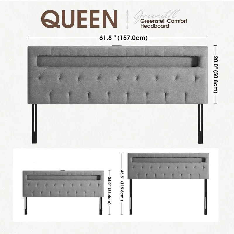 Headboard for Queen Size Bed with 60,000 DIY Color of LED Light, USB & Type C Post, Attach Frame, Height Adjustable