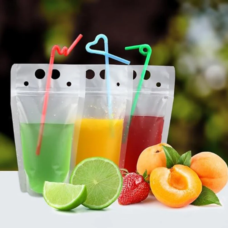 Straw Drink Bag Resealable Zipper Leakproof Drink Bag Handheld Standing Smoothie Bag Reusable Translucent Juice Bag