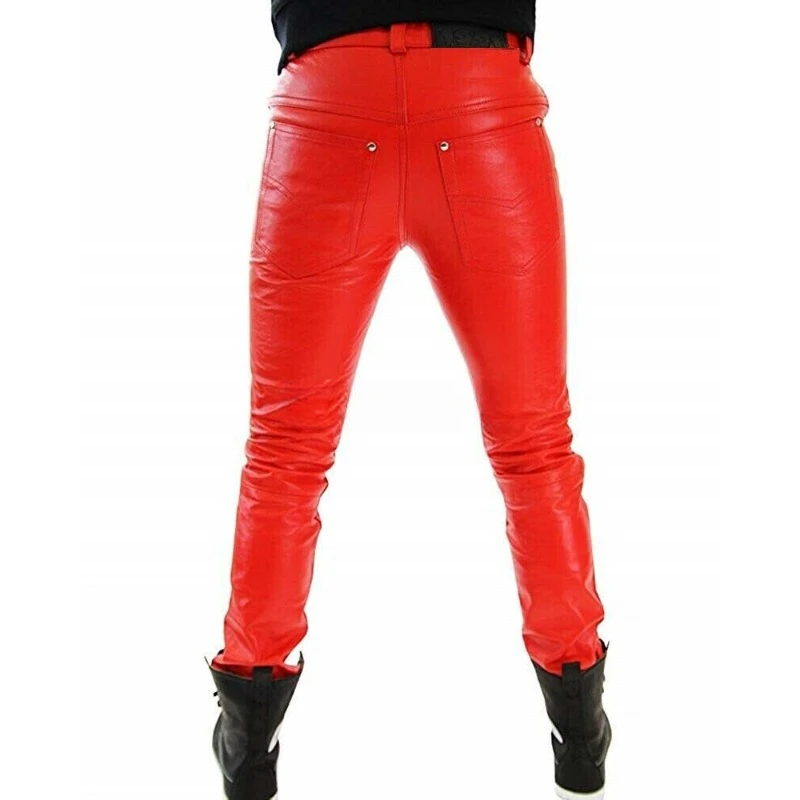 Men Red Fashionable Genuine Real Sheepskin Leather Pant Outdoor Wear Jogger