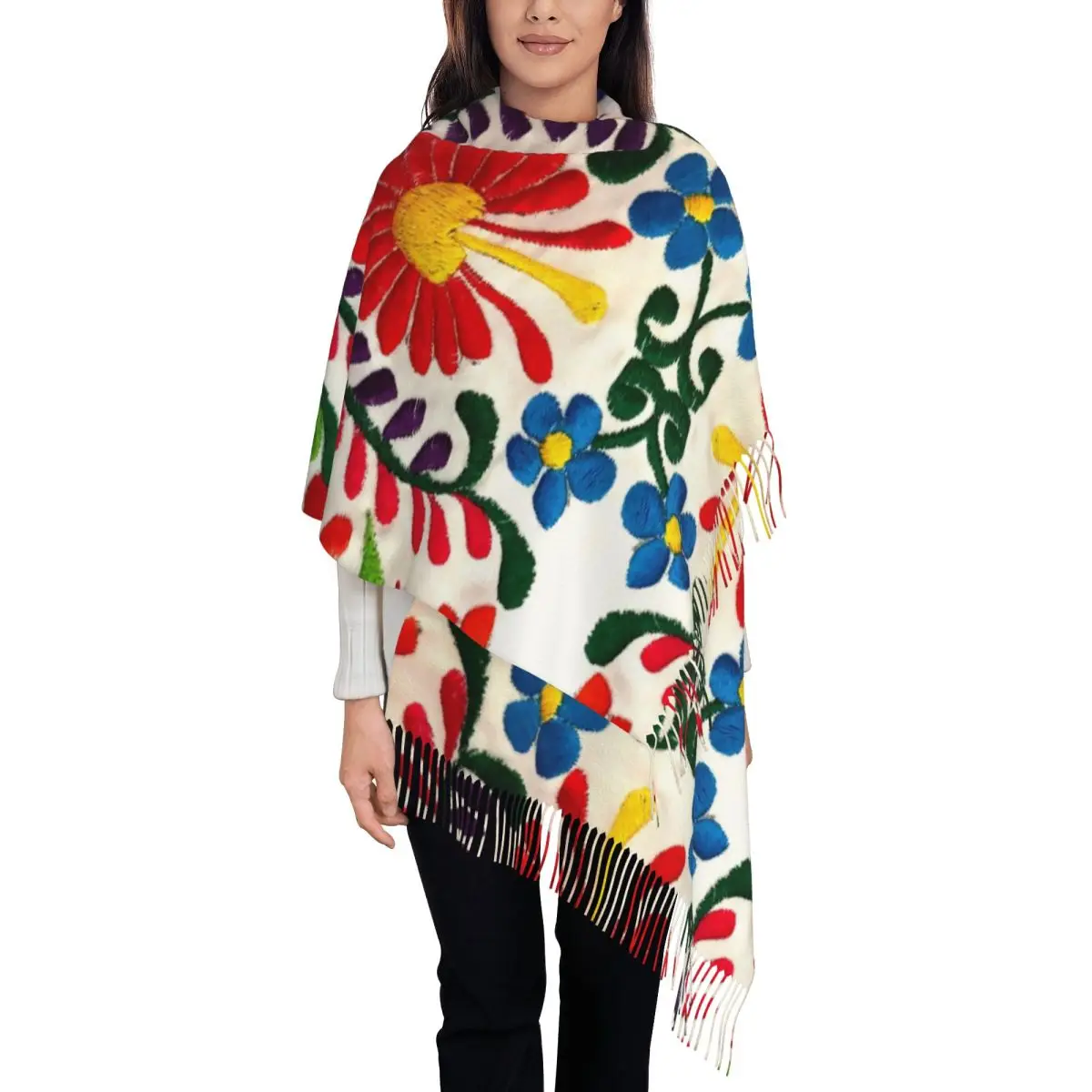 

Стильный мексиканский шарф с кисточками и цветами, женские зимние теплые шали, женские шарфы