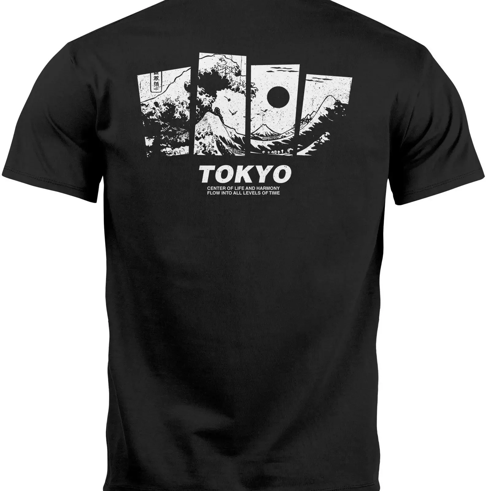 Neverless Print T-Shirt Herren Backprint Japan Tokyo Große Welle Kanagawa Japanische mit Vintage-Waschung, atmungsaktiv, weich