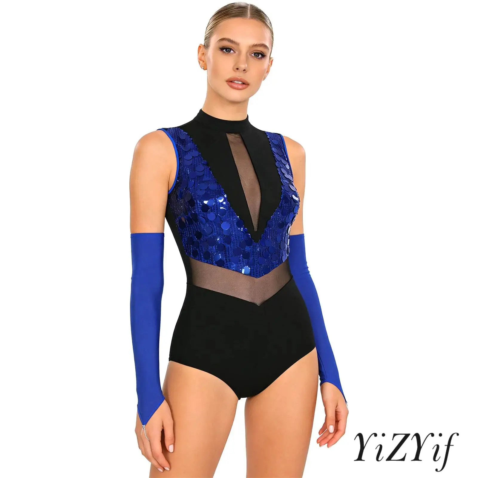 

Womens Shiny Sequin Tango Latin Dance Performance Leotard Mock Neck Sleeveless Sheer Mesh Gymnastics Dance Bodysuit Dancewear