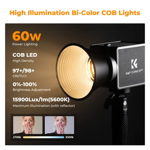 Imagen 2 del producto K&F Concept PL-60B 5600K 60W COB Luz de fotografía con batería de 4500mAh y carga rápida PD tipo C 12 efectos de luz Luz de vídeo