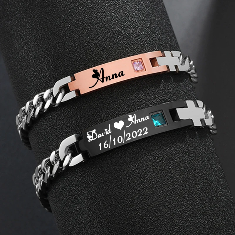 

NUOBING Customized Stainless Steel Couple Lover Bracelet For Men Women CZ Stone Engrave Text Date Bracelets Charm Jewlery Gift