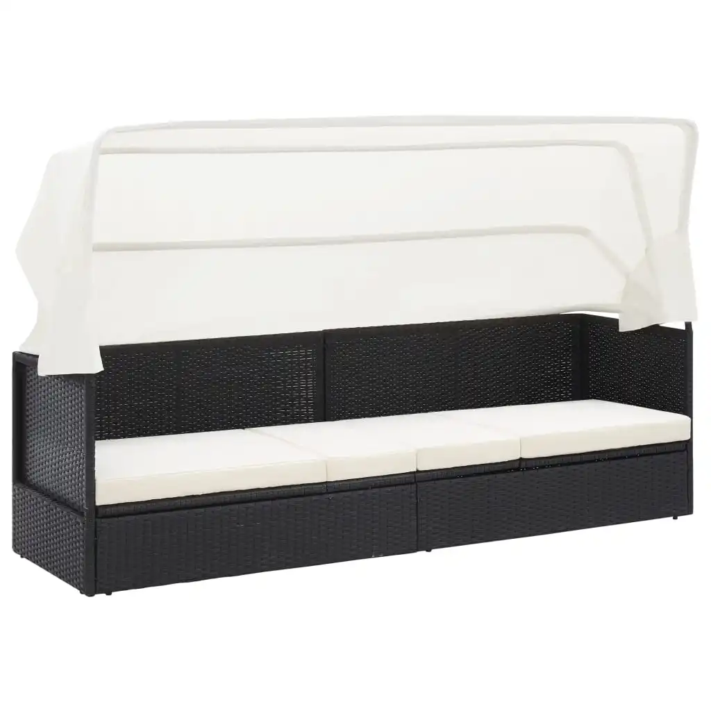 Canapé de jardin en polyrotin noir avec auvent, chaise longue d'extérieur, sièges confortables pour patio, balcon et cour, design élégant et durable