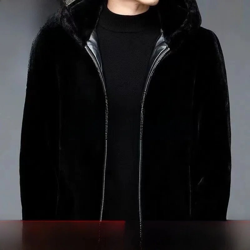 

Winter Thiened ort Casual Coat Men's Loose Fit Leather Jaet Water-Resistant Tannery Proc Non-Fur Collar