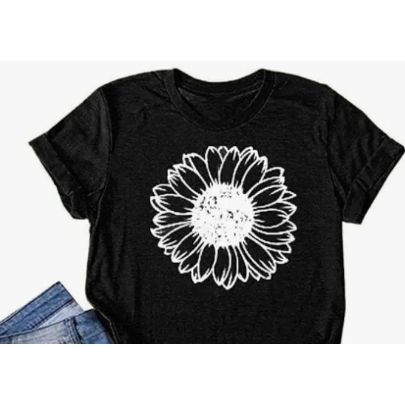 Sommer-Sonnenblumen-T-Shirt für Damen, niedliche Blumengrafik, lockere T-Shirts, Rundhalsausschnitt, kurze Ärmel, lässige Oberteile