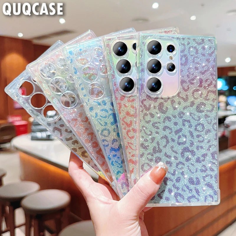 Luxury Leopard Print Glitter Case For Samsung Galaxy S23 Ultra S22 Plus S21 S20 FE A54 5G A53 A52 A34 A14 A13 A12 S 20 23 Cover