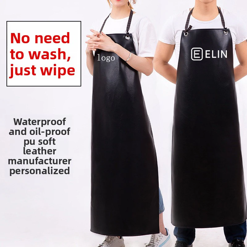 Customizable PU Thickened Oilproof Neck Apron Industrial Kitchen Seafood Workwear Leather Apron with Logo Printing for Men And W