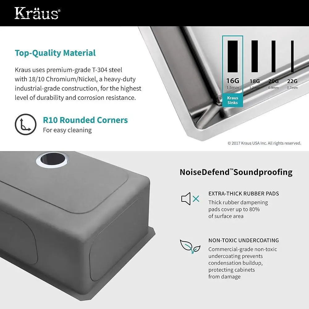 حوض مطبخ ستنلس ستيل كومبو حوض عميق الضوضاء الدفاع عن عازلة للصوت الثقيلة T-304 زوايا معدنية مستديرة سهلة التنظيف 30x18x10